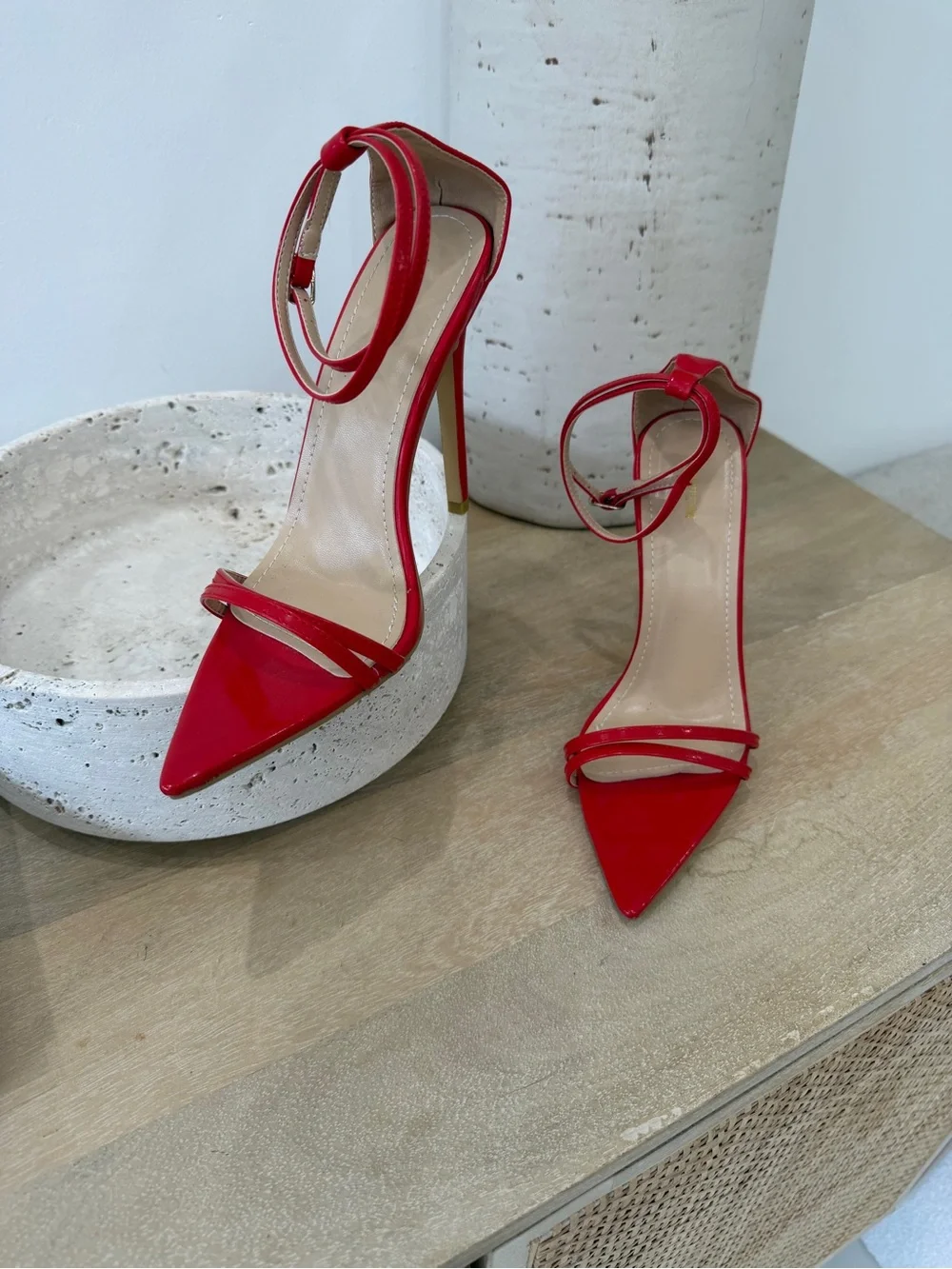 Rare Find PrettyLittleThing Red Strappy Ankle-Tie Pointed Pumps